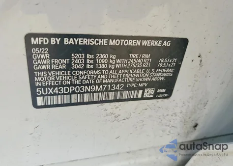 2022 BMW X3 Sdrive30I z USA, uszkodzony, nr VIN 5UX43DP03N9M71342